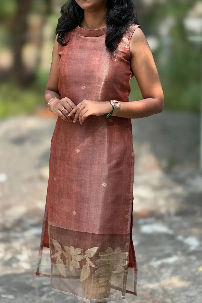 Terracotta elegance- Premium tissue silk kurti with dupatta