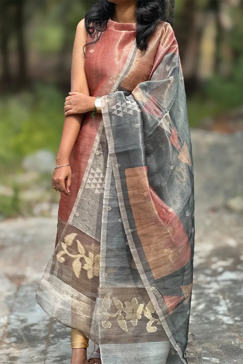 Terracotta elegance- Premium tissue silk kurti with dupatta