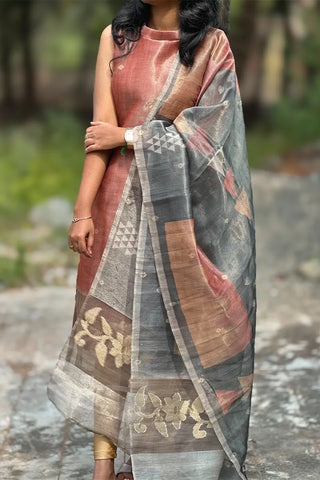 Terracotta elegance- Premium tissue silk kurti with dupatta