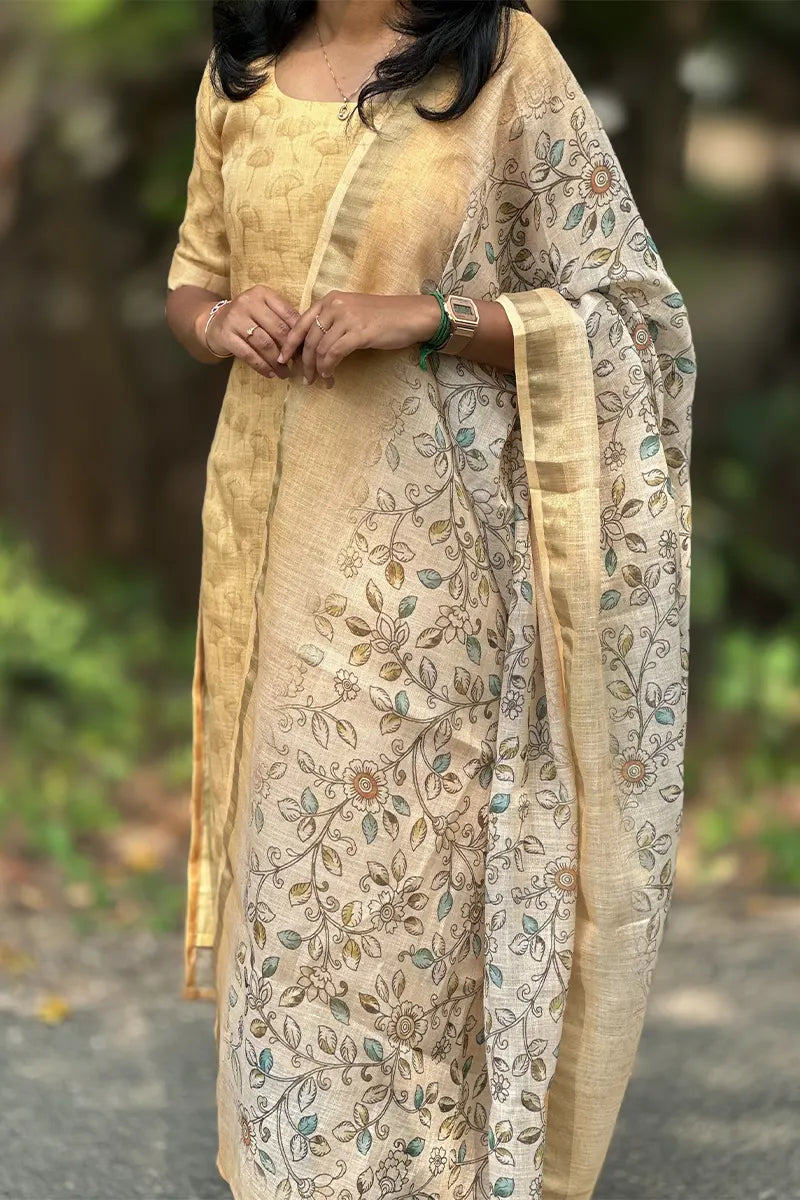 Golden bloom set - Tissue Linen kurti with dupatta