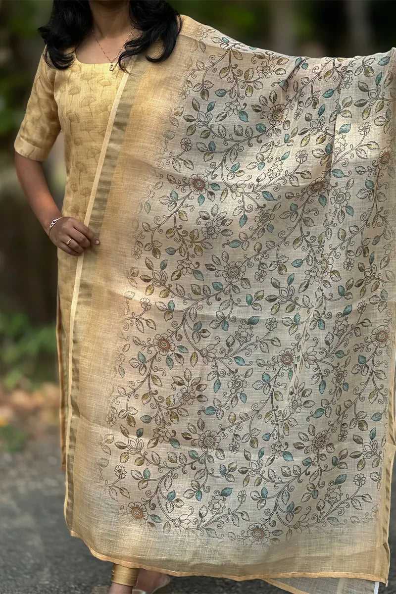 Golden bloom set - Tissue Linen kurti with dupatta